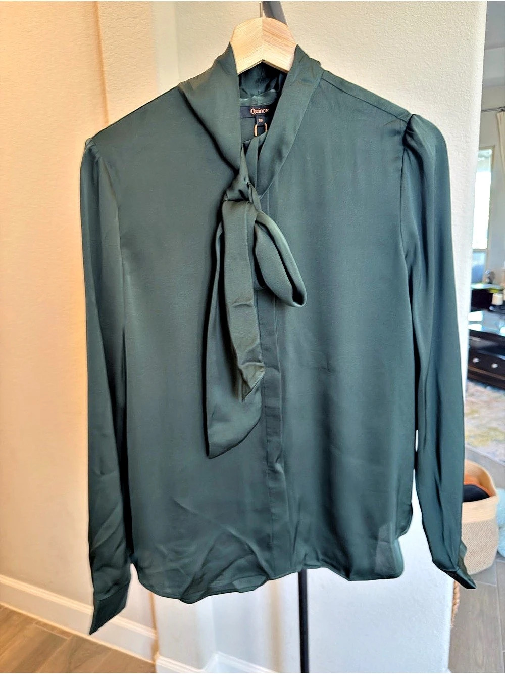 Quince Washable Stretch Silk Tie Neck Blouse Forest Green Medium